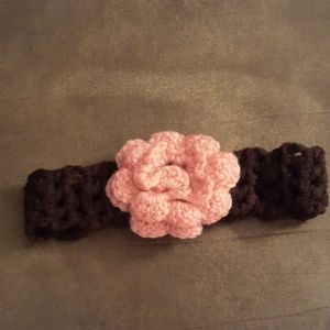 Hand knitted headband Brown with pink flower new